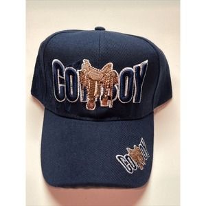 Men's Cap Cowboy Saddle Adjustable Snapback Blue Hat One Size New